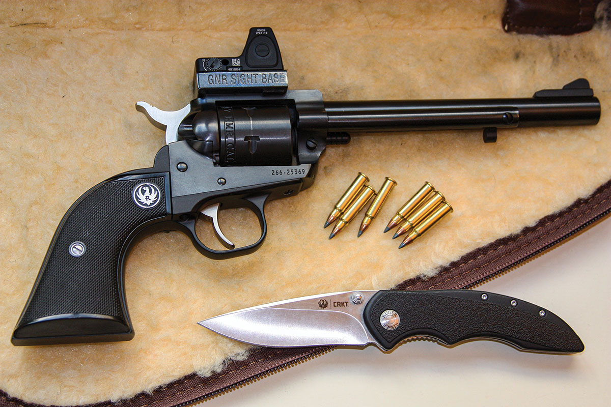 If you’re hooked on Ruger single actions and want to extend your range, Gary Reeder has an adaptor plate to mount a red dot like this Trijicon easily onto any Ruger Single Six.